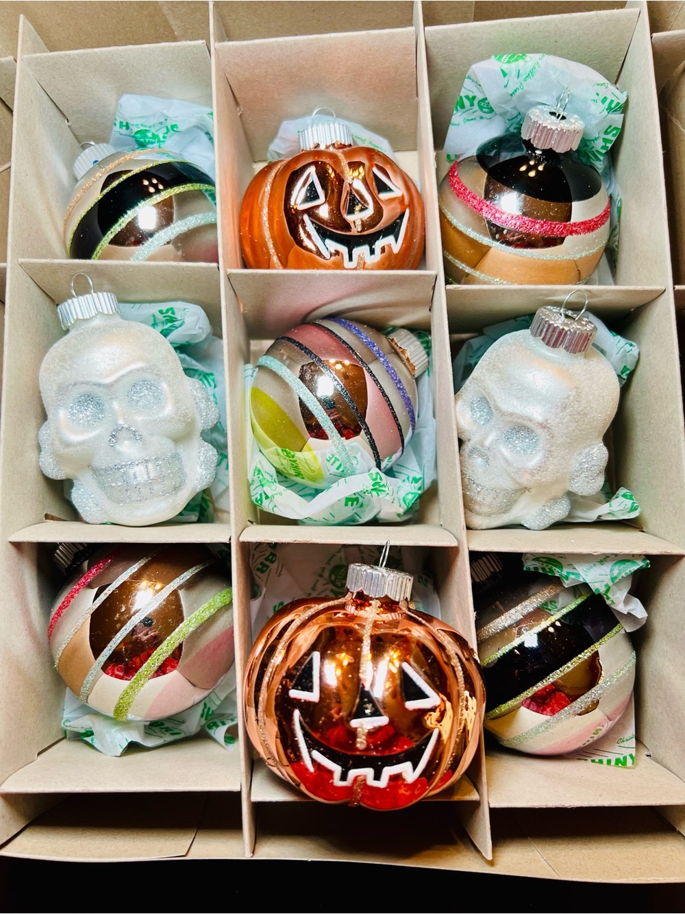 9 Halloween Radko Glass Skulls Pumpkins Ball Ornaments Pastel Colors Glitter